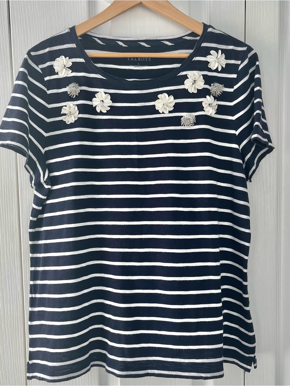 Talbots Navy & White Striped tee with embellished 3D Floral detail Size Large